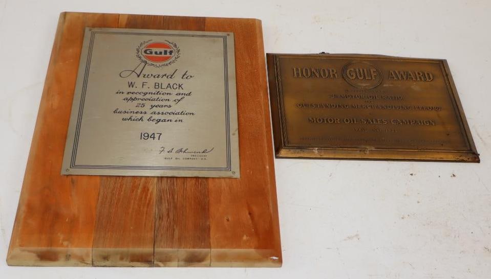 Group of 3 - 1930's & 40's Gulf Achievement Award Plaques: Largest is 14" x 10" - 2 are brass