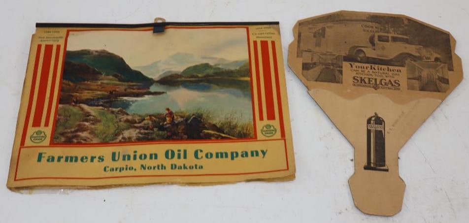 Group of 2 Farmers Union Oil Company 1944 Calendar & Skelgas Advertising Hand Fan: Largest is 11" x 8.5"