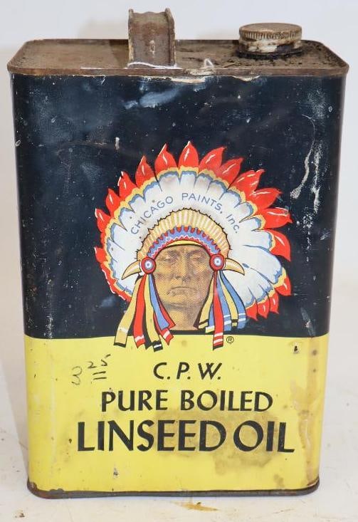 C.P.W. Pure Boiled Linseed Oil One Gallon Metal Oil Can with Paper Label and Indian Chief Graphics: 4" x 6.75" x 10"