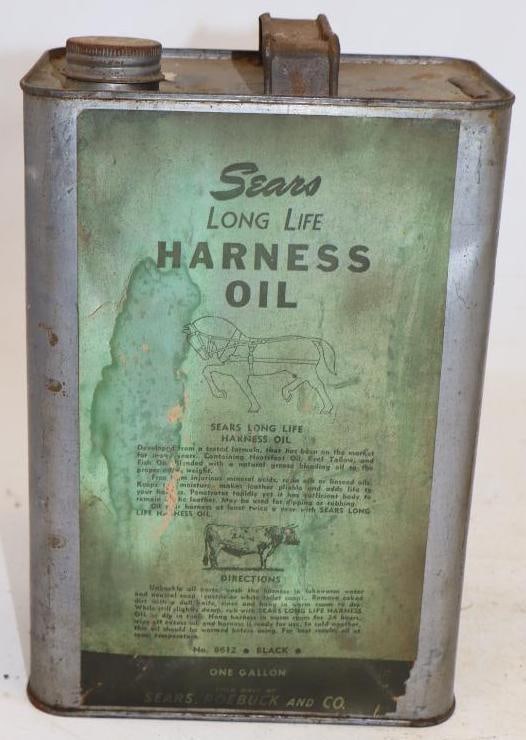 Early Sears Long Life Harness Oil One Gallon Metal Oil Can with Paper Label: 4" x 6.75" x 10"