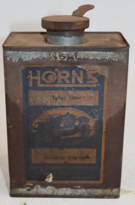 Horns Finishing Varnish One Fourth Gallon Metal Oil Can with Paper Label and Car Graphics: Full. 4" x 2.5" x 6.5"