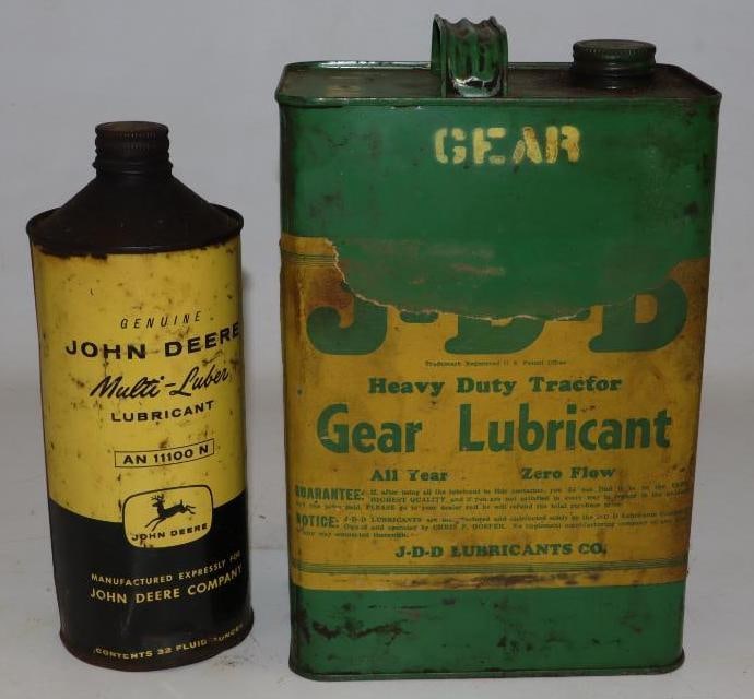 Group of 2 John Deere One Gallon and One Quart Metal Oil Cans: Largest is 4" x 6.75" x 10"