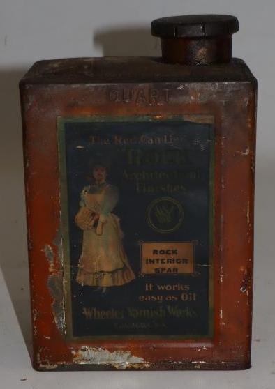 Wheeler "Rock" Architectural Finishes Early Metal One Quart Oil Can with Paper Label: 4" x 2.75" x 6.25"