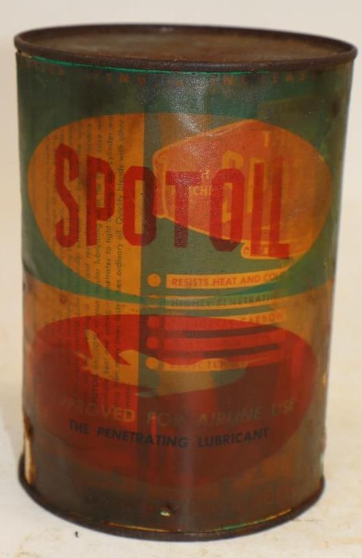 Spot Oil One Quart Metal Oil Can with Airplane Graphics on Paper Wrap: Empty. 4" x 4" x 5.5"