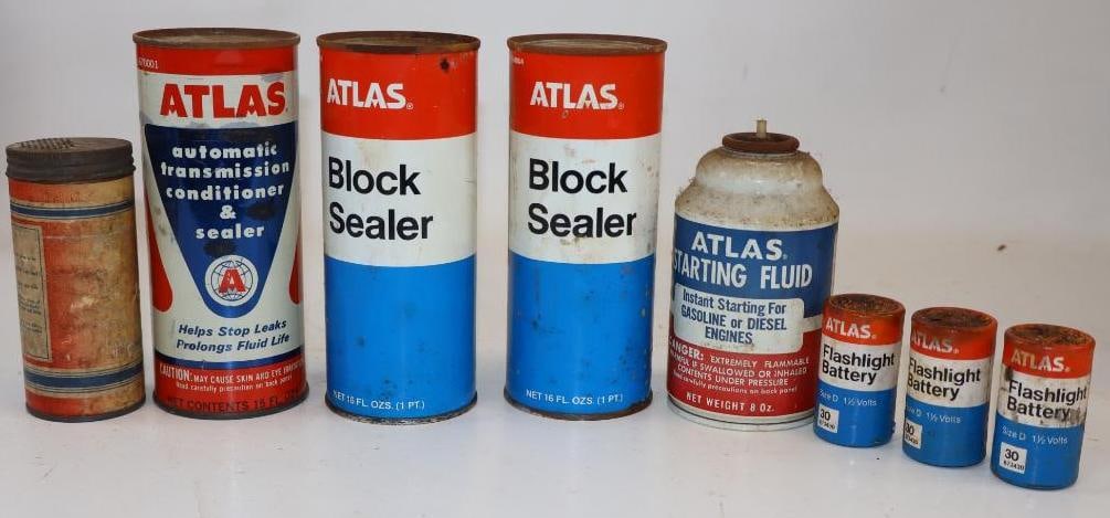 Group of 8 Atlas Advertising Batteries, Starting Fluid, Block Sealer, & Tire Repair Kit: Largest is 16 oz