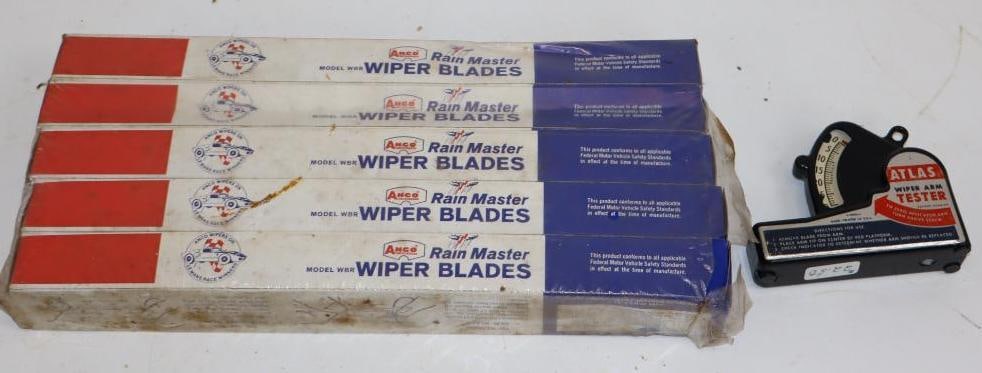 Group of 6 NOS Anco Wiper Blades & Atlas Wiper Arm Tester: Largest is 12.5" x 1" x 1.5"