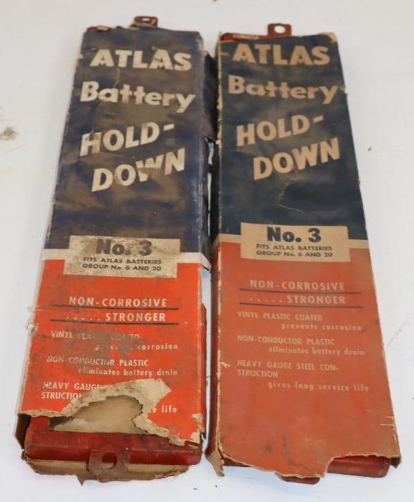 Group of 2 Atlas Battery Hold-Down Number 3 Steel Brackets in Original Boxes: 21" x 5" x 1" each