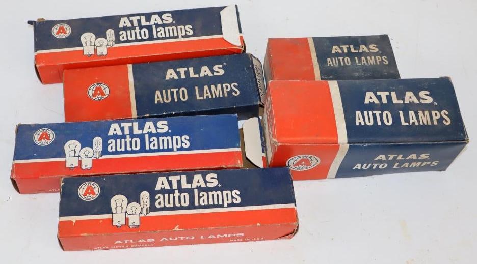 Group of 6 Atlas Auto Lamp Display Boxes with Bulbs: Largest is 7.5" x 2" x 1.25" some boxes are not complete