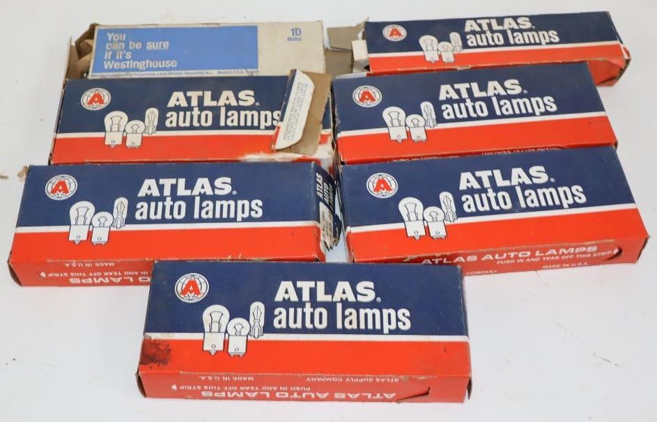 Group of 7 Atlas & Westinghouse Auto Lamp Display Boxes with Bulbs: Largest is 7.5" x 3" x 1" some boxes are not complete