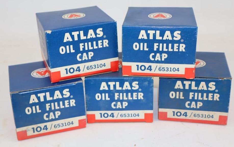 Group of 5 Atlas Oil Filler Caps in Original Boxes: 3" x 3" x 2.25"