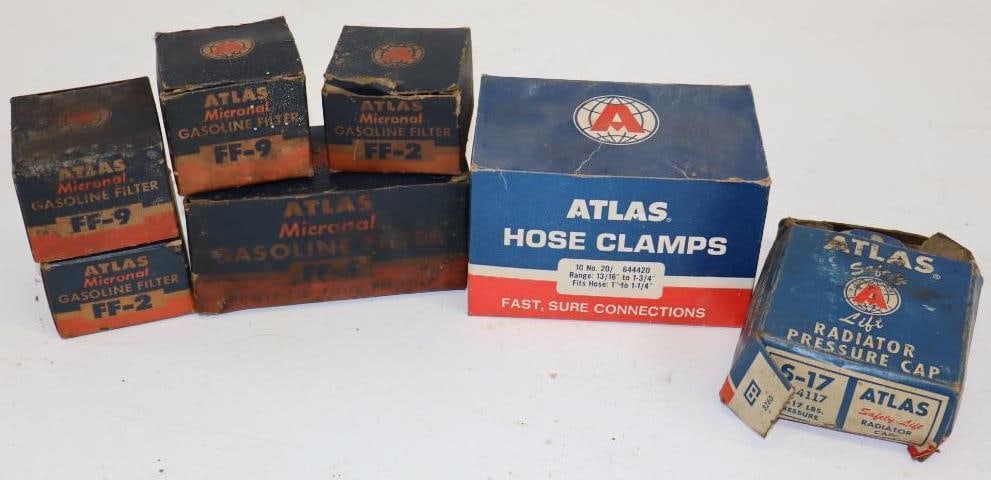 Group of 7 Atlas Gasoline Filter, Hose Clamp, & Radiator Caps in Original Boxes: Largest is 5" x 2.5" x 3"