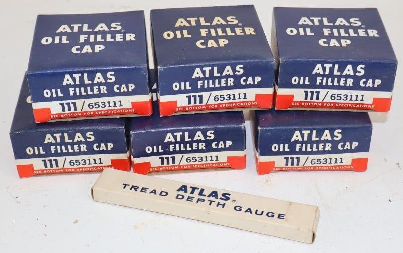 Group of 7 Atlas Oil Filler Cap & Tread Depth Gauge in Original Boxes: Largest is 3" x 3" x 1.5"