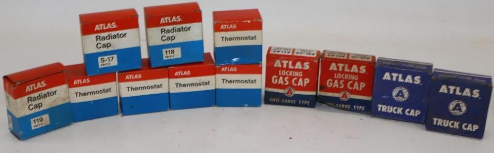 Group of 12 Atlas Thermostats & Radiator Caps in Original Boxes: Largest is 3.25" x 3.25" x 1.25"