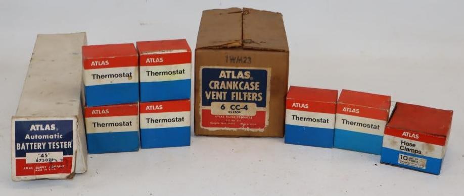 Group of 9 Atlas Thermostats, Automatic Battery Tester, & Crank Case Vent Filler in Original Boxes: Largest is 13" x 3" x 3"
