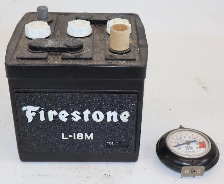 Group of 2 Firestone NOS L-18M Car Battery & Tire Wear Gauge: Pickup only. Will not ship. Largest is 7" x 6.75" x 8"