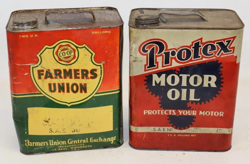 Group of 2 Protex, and Farmers Union Two Gallon Metal Oil Cans: 5.5" x 8.5" x 11.25" each