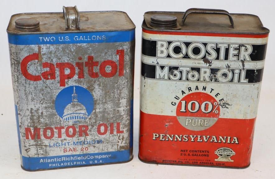 Group of 2 Capitol, and Booster Two Gallon Metal Oil Cans: 5.5" x 8.5" x 11.25" each