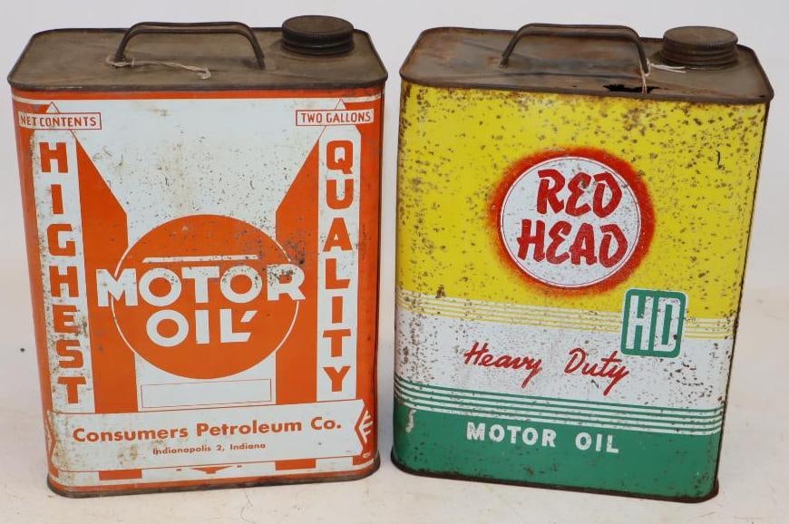 Group of 2 Red Head, and Consumers Petroleum Two Gallon Metal Oil Cans: Red Head has some rusting on top. 5.5" x 8.5" x 11.25" each