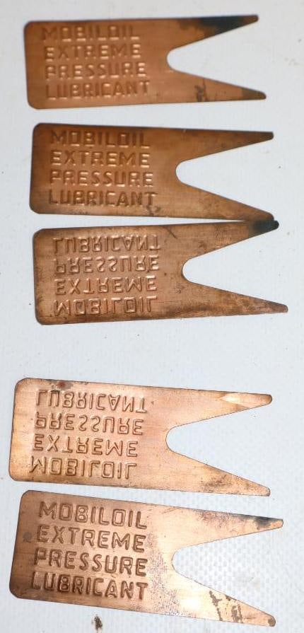 Group of 5 Mobil Oil Extreme Pressure Lubricant Embossed Brass Tags: 2.5" x 1" each