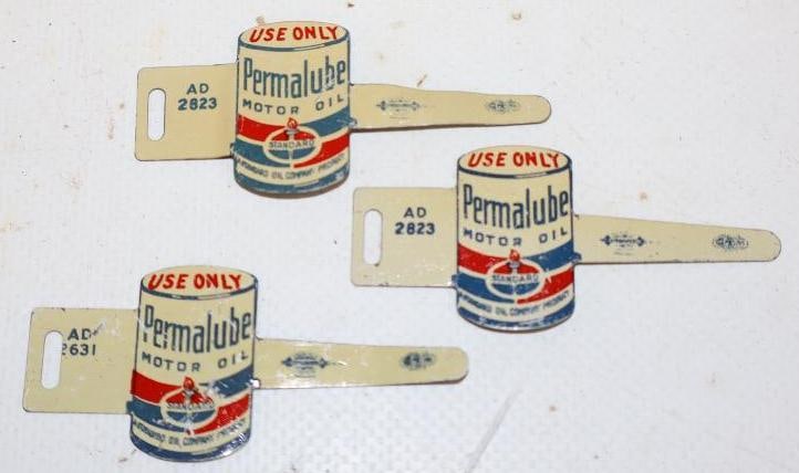 Group of 3 Standard Permalube Oil Can Shaped Metal Reminder Tags: 2.25" x 1" each