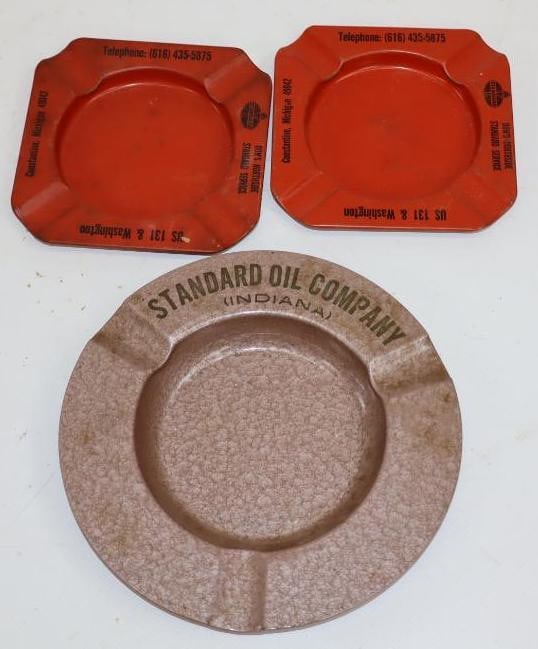 Group of 3 Standard Oil Advertising Metal Ashtrays: largest is 6" x 6" x .75