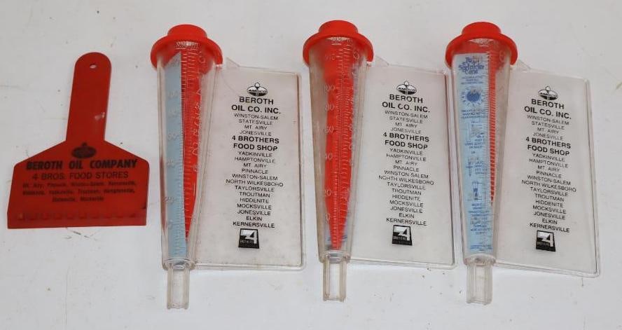 Group of 4 Amoco Beroth Oil Company Rain Gauges & Ice Scraper: Largest is 4" x 8" x 2"