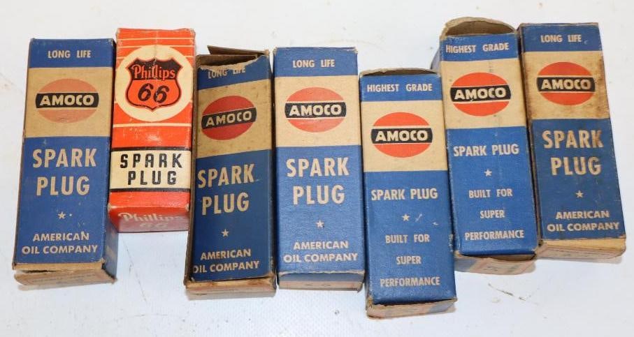 Group of 7 Amoco & Phillips 66 Advertising Spark Plugs in Original Boxes: Largest is 4" x 1" x 1"