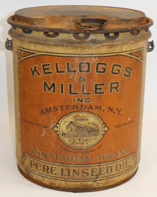 Kellogg's and Miller Pure Linseed Five Gallon Metal Oil Can: 12" x 12" x 13.5"