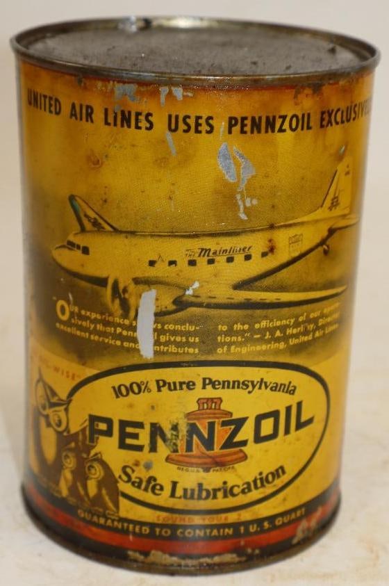 Pennzoil One Quart Metal Oil Can with Owls and Mainliner: Empty. 4" x 4" x 5.5"