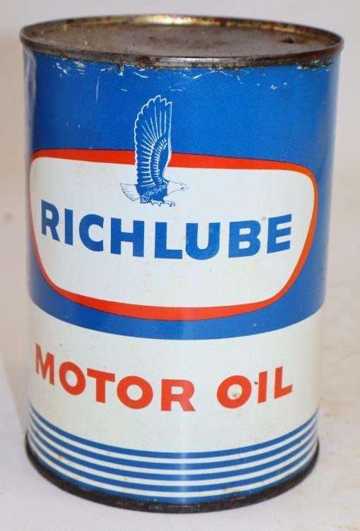 Richlube One Quart Metal Oil Can: Empty. 4" x 4" x 5.5"
