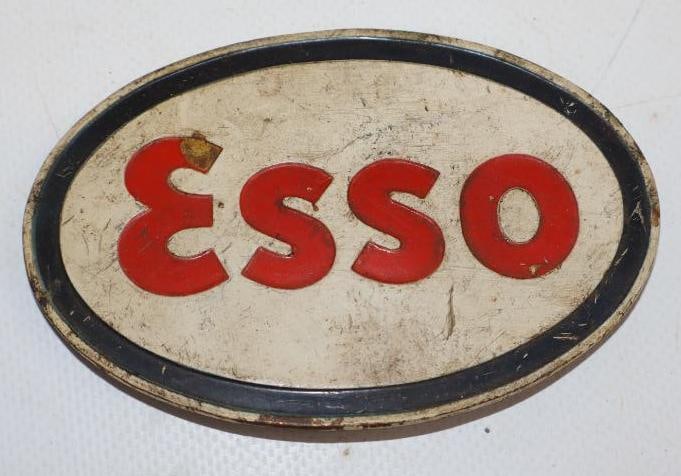 Esso Painted Brass Gas Station Attendant Hat Badge: 3.75" x 2.5"