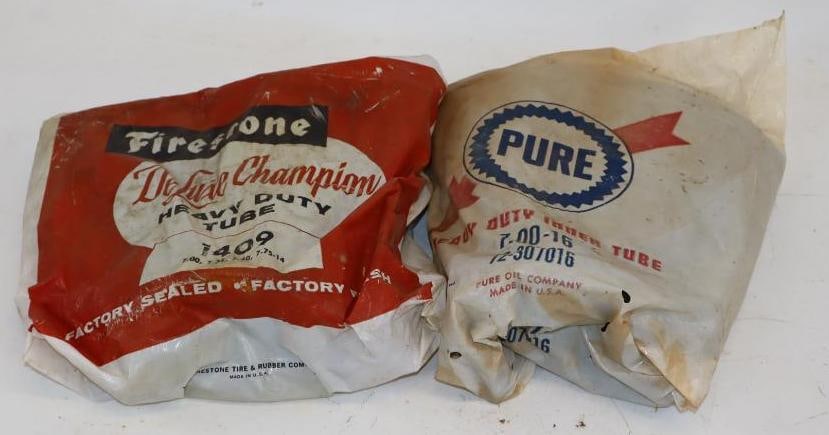 Group of 2 Firestone & Pure Heavy Duty Inner Tire Tubes in Original Packaging: largest is 9" x 9" x 4"