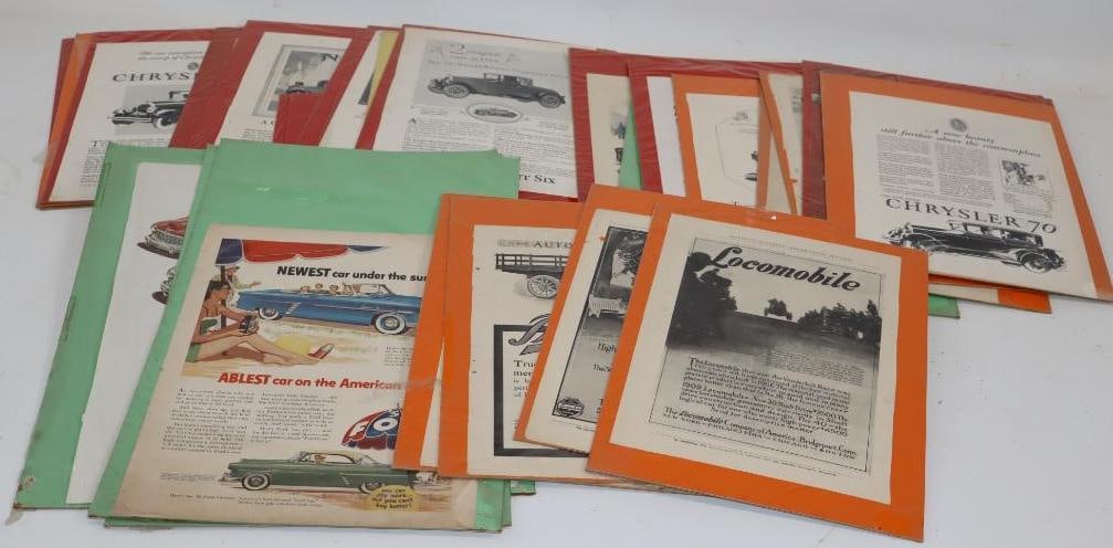 Group of 26 Early Automobile Magazine Advertisements: Each advertisement is wrapped to a cardboard back. Largest is 12" x 13"