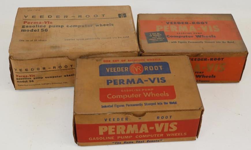 Group of 3 Veeder-Root Gas Pump Computer Wheels in Original Boxes: Largest is 11.5" x 8" x 4"