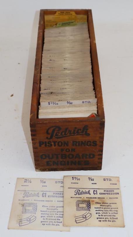 Large Group of Pedrick Piston Rings for Outboard Engines in Original Wooden Shipping Box: Box measures 13.5" x 4.5" x 4.25"