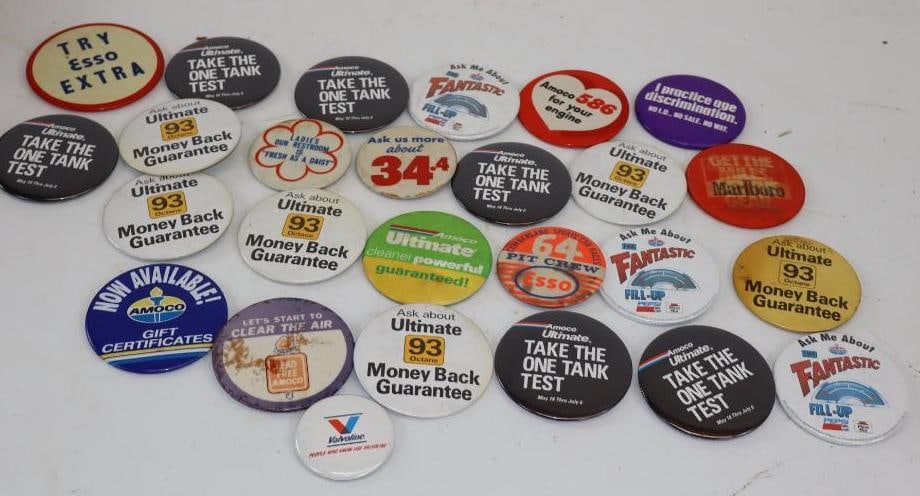 Group of 24 Esso, Amoco, Valvoline, & Marlboro Advertising Pinback Badges: Largest is 3" x 3"