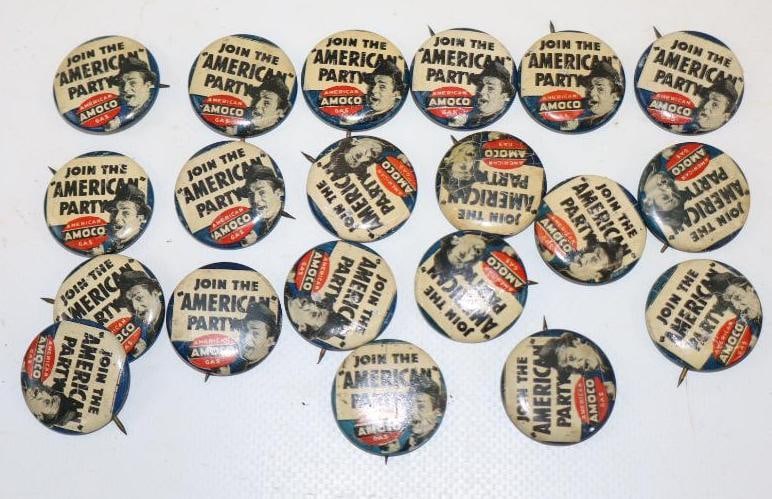 Group of 20 Amoco "Join the American Party" Pinback Badges: 1" x 1" each