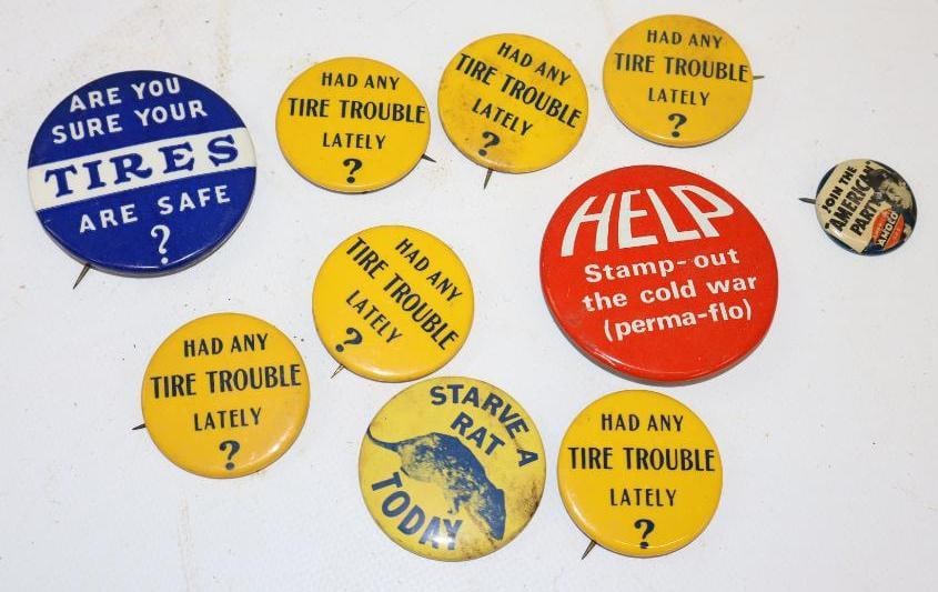 Group of 10 Perma-Flo, Tires, & 'Starve a Rat Today' Gas Station Pinback Badges: 2" x 2" each
