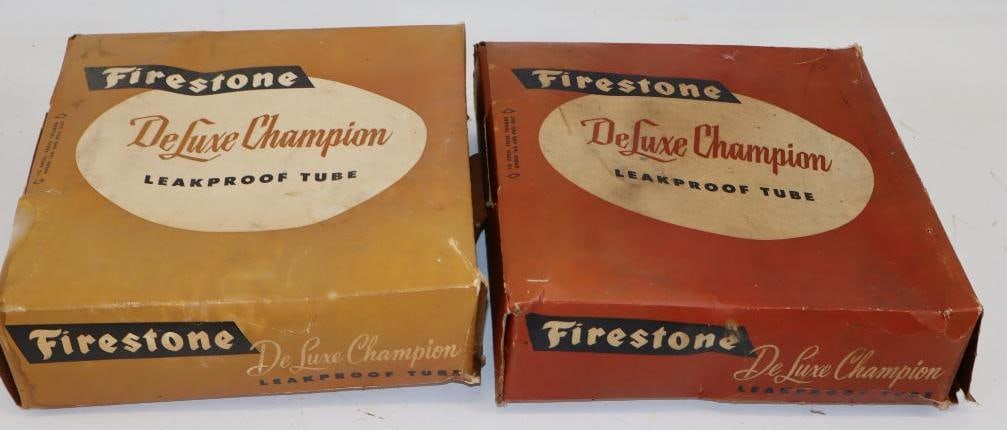 Group of 2 Firestone Deluxe Champion Leakproof Tire Tubes in Original Boxes: 10" x 11" x 3.25"