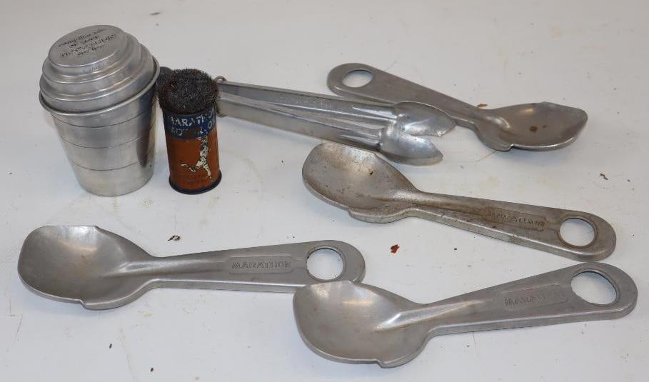 Group of 7 Marathon Advertising Tongs, Serving Spoons, Cup & Scour Tube: Largest is 2.5" x 7.5"
