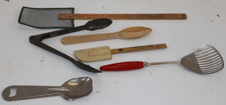 Group of 6 Standard Oil, Esso, Conoco & Perma-Lube Advertising Tongs, Serving Spoons, Spatula, & Fly: Largest is 19" x 4"