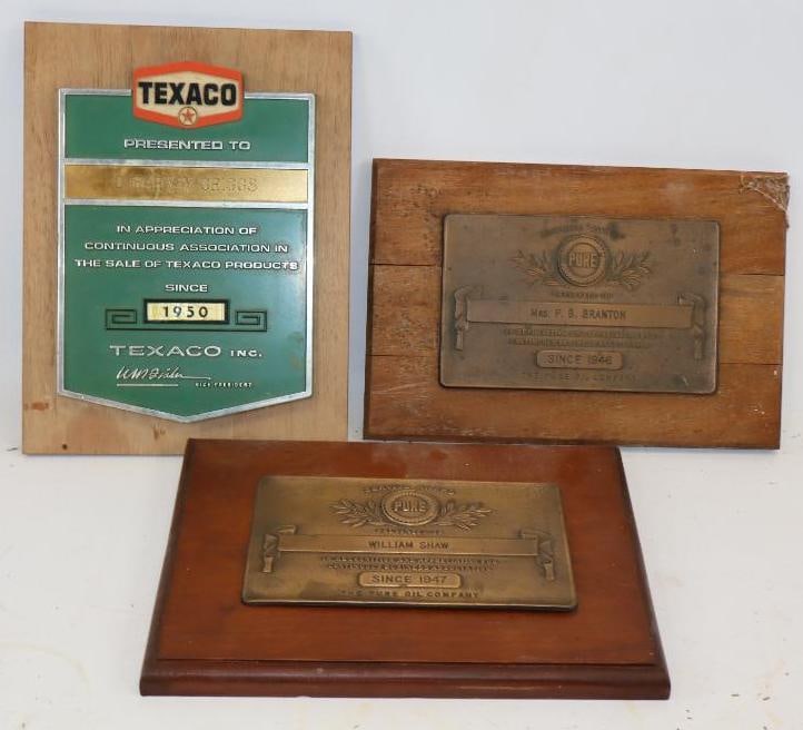 Group of 3 Pure & Texaco 1940's & 50's Brass & Plastic Achievement Award Plaques: Largest is 9" x 12"