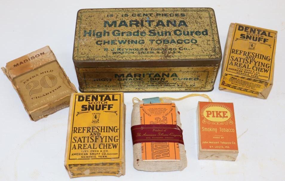 Group of 6 Snuff & Cigarette Cardboard Packages, Tin & Box (1 of 6)