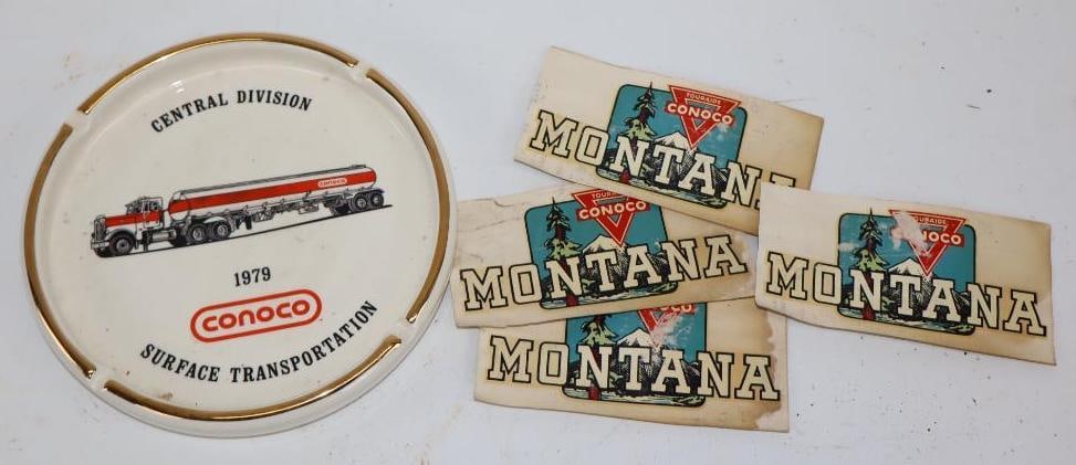 Group of 5 Conoco Advertising Ashtray & Touraide Montana Decals: Largest is 6.5" x 6.5" x 1"