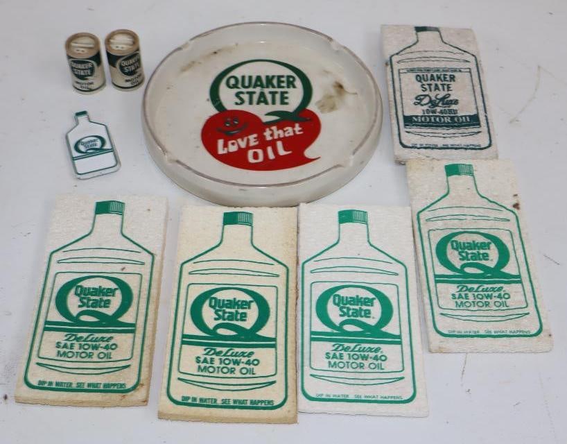 Group of 10 Quaker State Advertising Ashtray, Sponges, Magnets, and Salt & Pepper Shakers: Largest is 6.5" x 6.5" x 1"