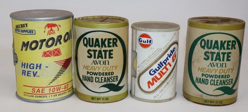 Group of 4 Quaker State, Gulf, & Micro Machines Oil Can Shaped Hand Cleaner, Radio, & Toy: Largest is 3.25" x 3.25" x 4.5
