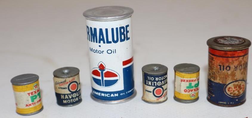 Group of 6 American, Esso, Havoline & Texaco Oil Can Shaped Paperweights & Plastic Giveaways: Largest is 1.5" x 3.25"