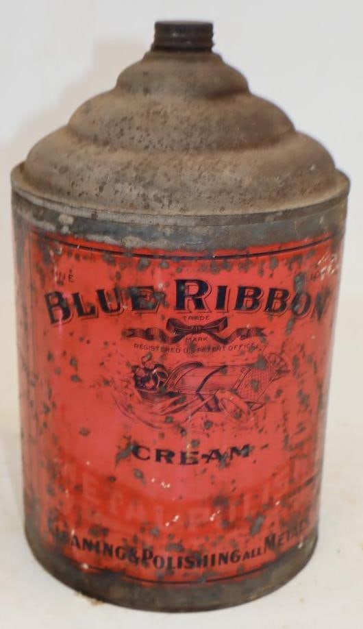 One Gallon Blue Ribbon Early Automobile Polish Graphic Oil Can: 6.25" x 6.25" x 10"