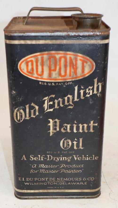 Early DuPont Old English Self Drying Vehicle Paint Square One Gallon Metal Can with Paper Label: 5" x 5" x 10"