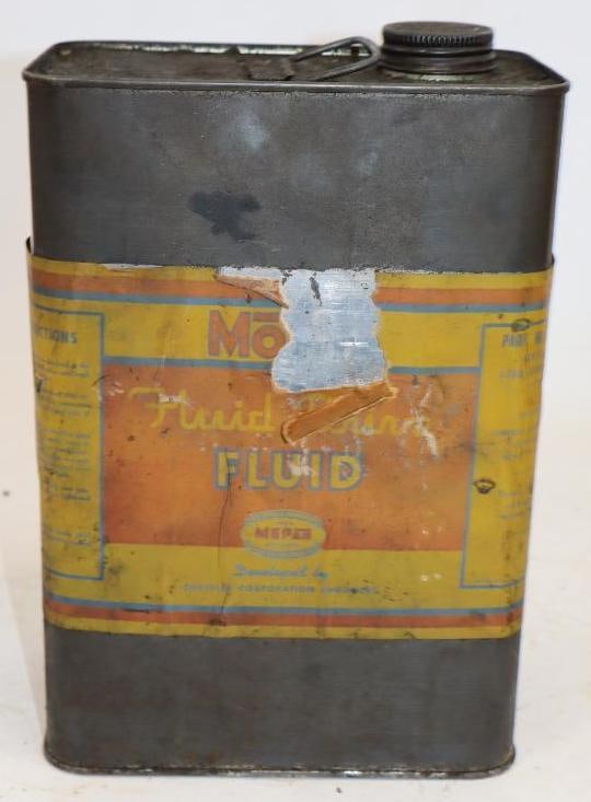Early Mo-Par Fluid Drive One Gallon Metal Oil Can with Paper Label: 4" x 6.75" x 10"